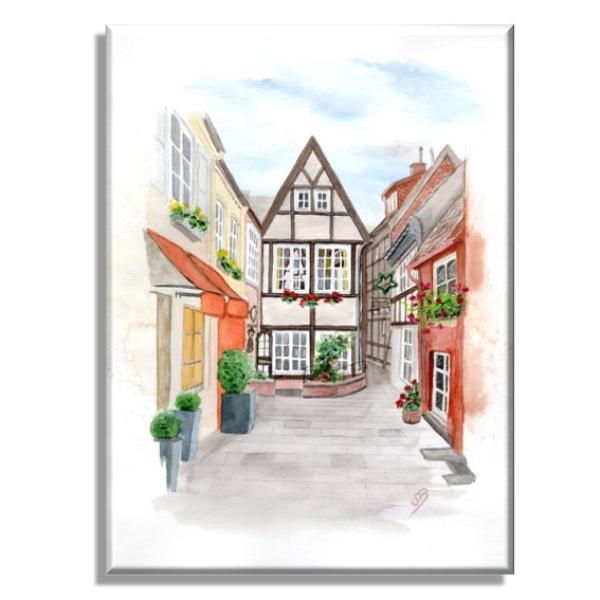 Leinwand 40 x 30 cm Keilrahmen Canvas-Leinen Aquarell Maritim Kunst Druck Kunstdruck Bremen Bremer Schnoor Gasse Nordsee Souvenir Souvenirs